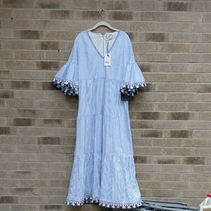 Tuckernuck Blue Striped Long Sleeve Dress with Pom-Pom Trim
